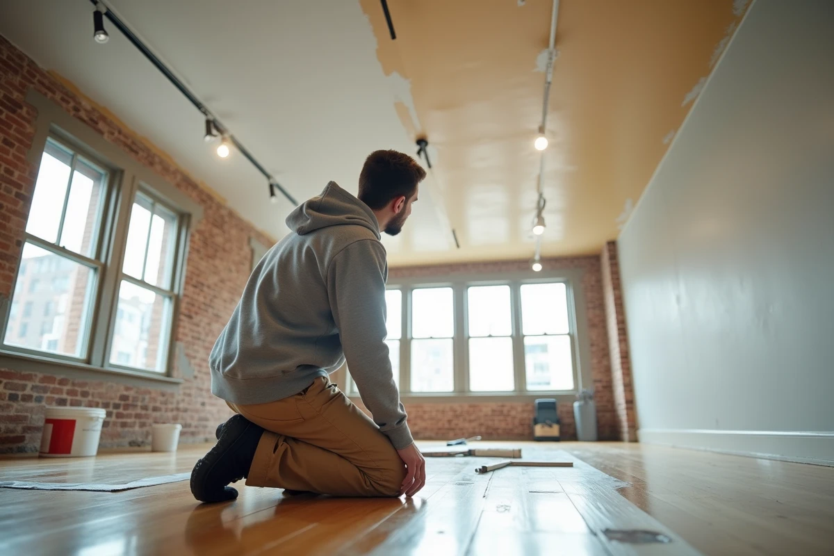 Jeune homme inspectant un plafond peint dans un loft