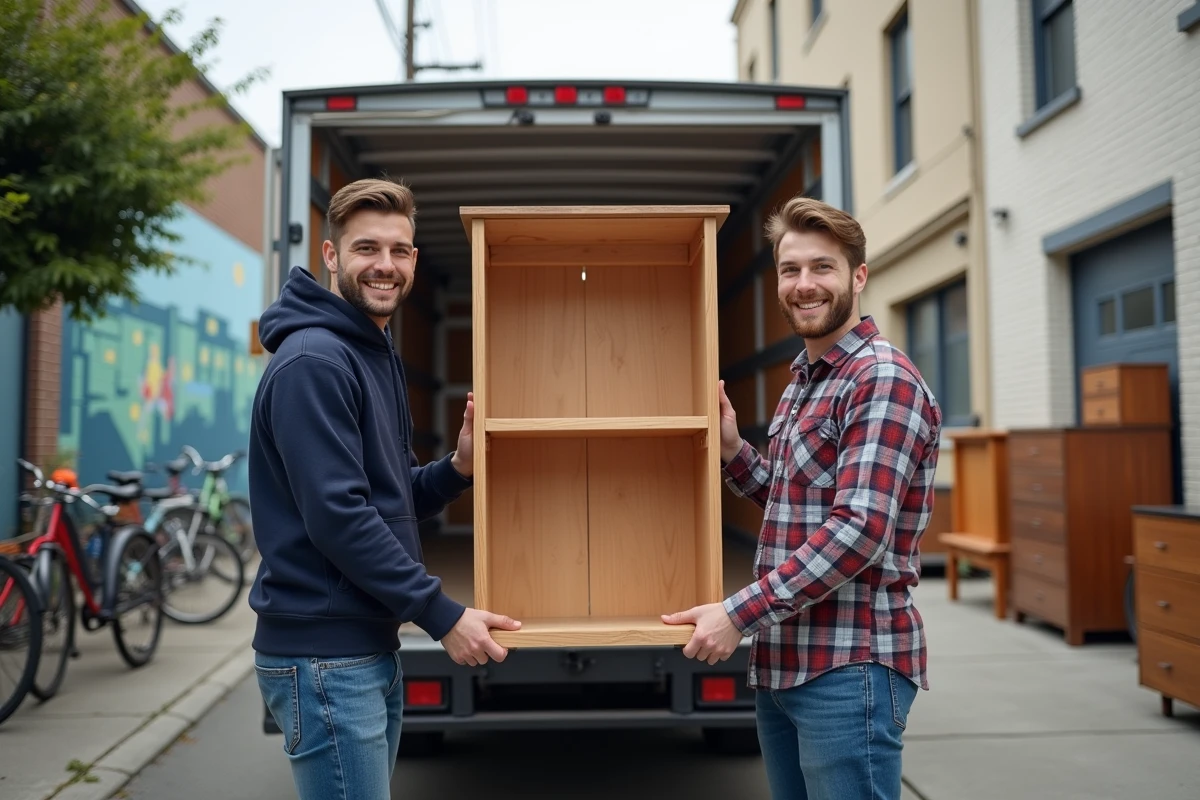 Deux jeunes hommes soulevant une étagère dans un centre communautaire