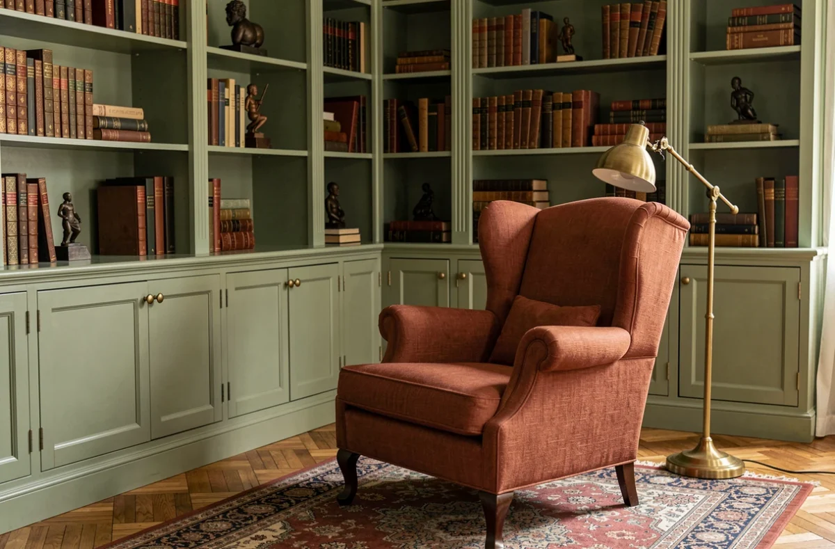 Bureau et coin lecture décoré par JLP Homedesign à Alès avec bibliothèque en vert sauge, fauteuil en lin rouille et parquet de Versailles