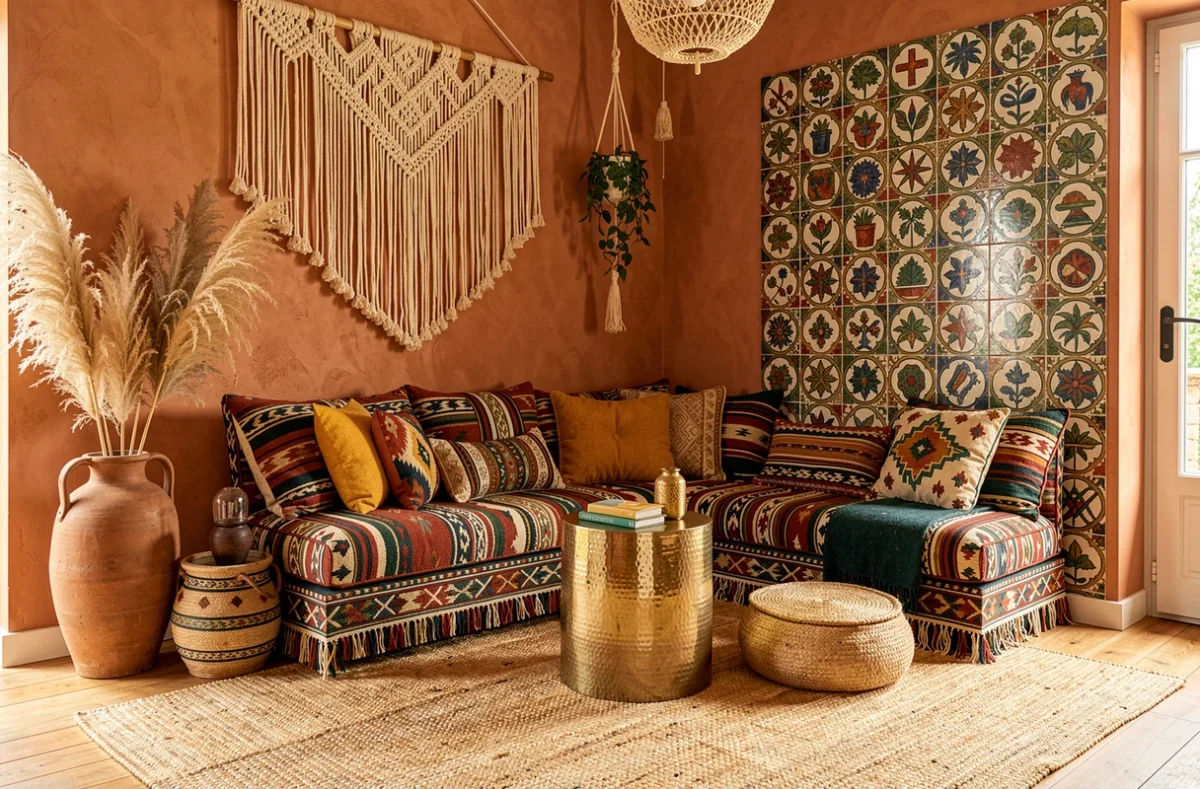 Salon éclectique et chaleureux décoré par Kat Deko à Plaisance-du-Touch avec coussins kilim, table en laiton martelé et carreaux peints à la main