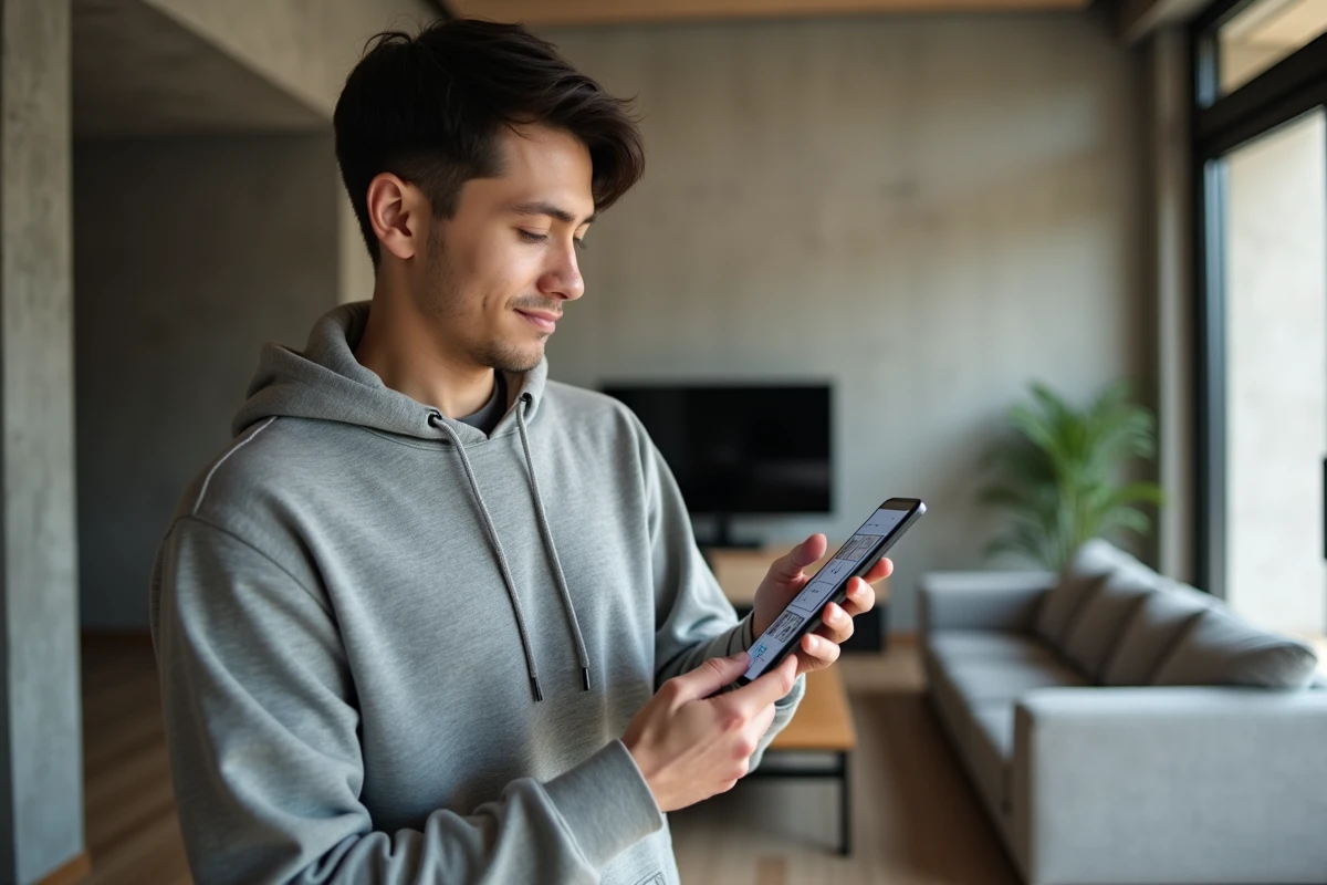Homme consultant l'application mobile Kozikaza sur smartphone dans un salon moderne
