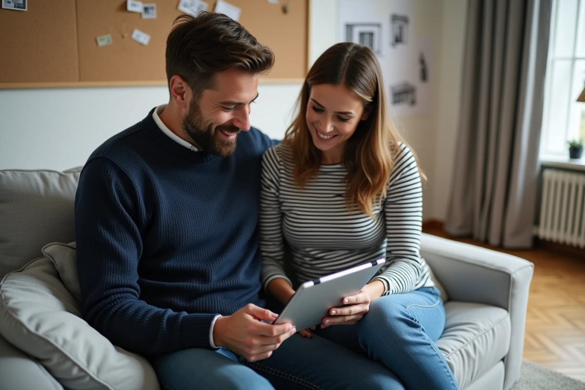 Couple comparant la version desktop et l'application mobile Kozikaza sur une tablette dans leur appartement