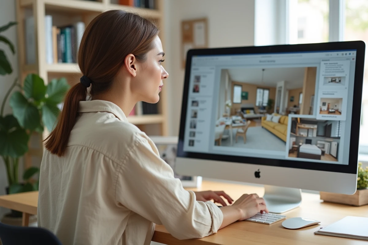 Femme utilisant le logiciel Kozikaza sur un ordinateur de bureau pour concevoir un plan de maison