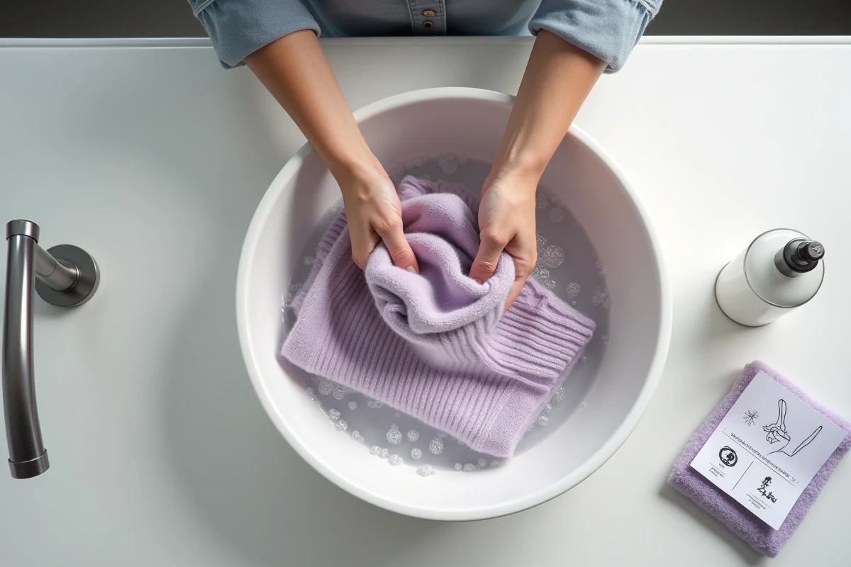 Lavage à la main d'un pull en laine dans un bassin avec pictogramme lavage main visible sur la fiche d'entretien