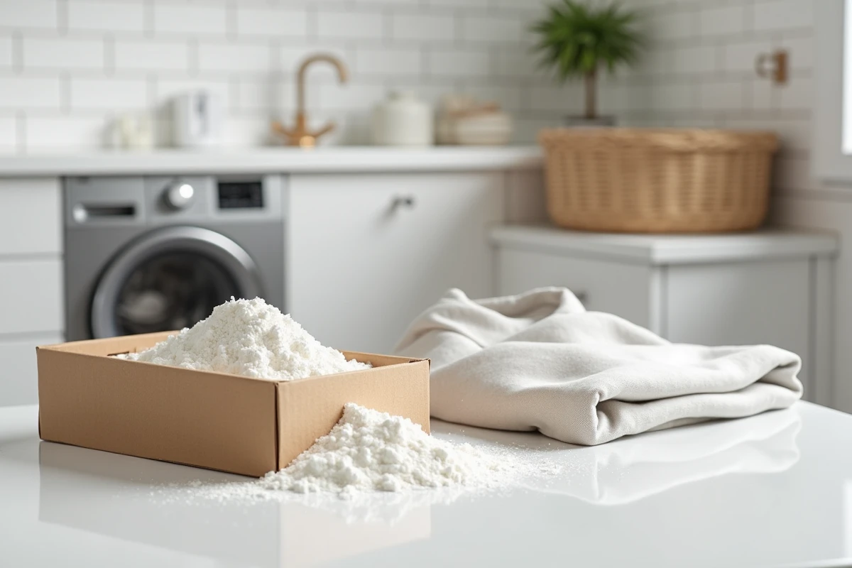 Boîte de lessive en poudre renversée sur un plan de travail blanc avec une tache visible sur un tissu coton dans une buanderie moderne