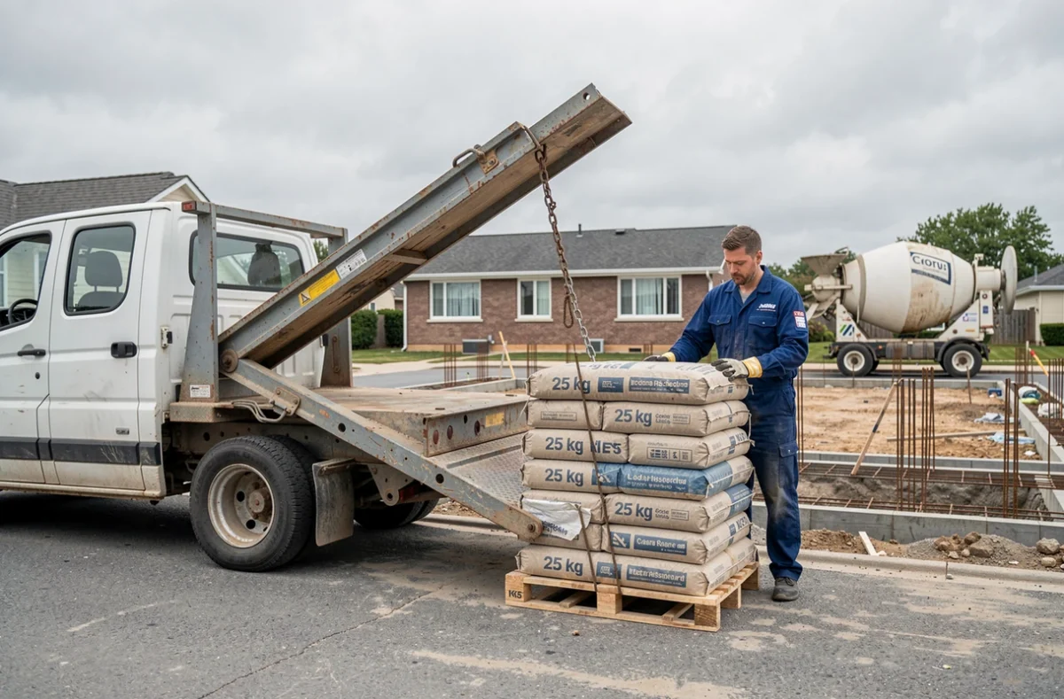 Livraison de palette de sacs de ciment 25 kg sur chantier résidentiel avec camion hayon
