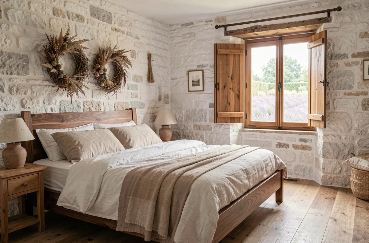 Chambre naturelle et apaisante décorée par LMDeco à Issus avec murs en pierre blanchie, cadre de lit en noyer et literie en lin écru