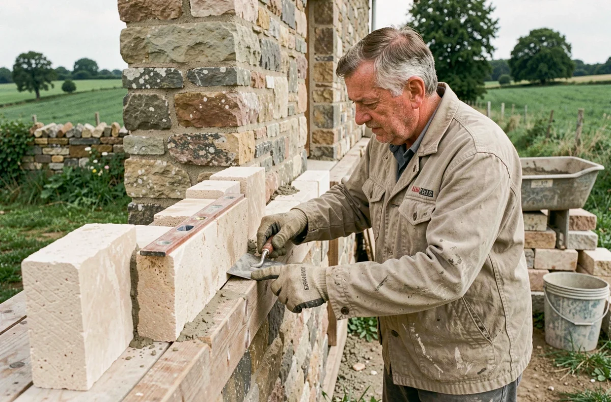 Maçon de Maçonnerie Huault construisant un mur en pierre calcaire en Mayenne