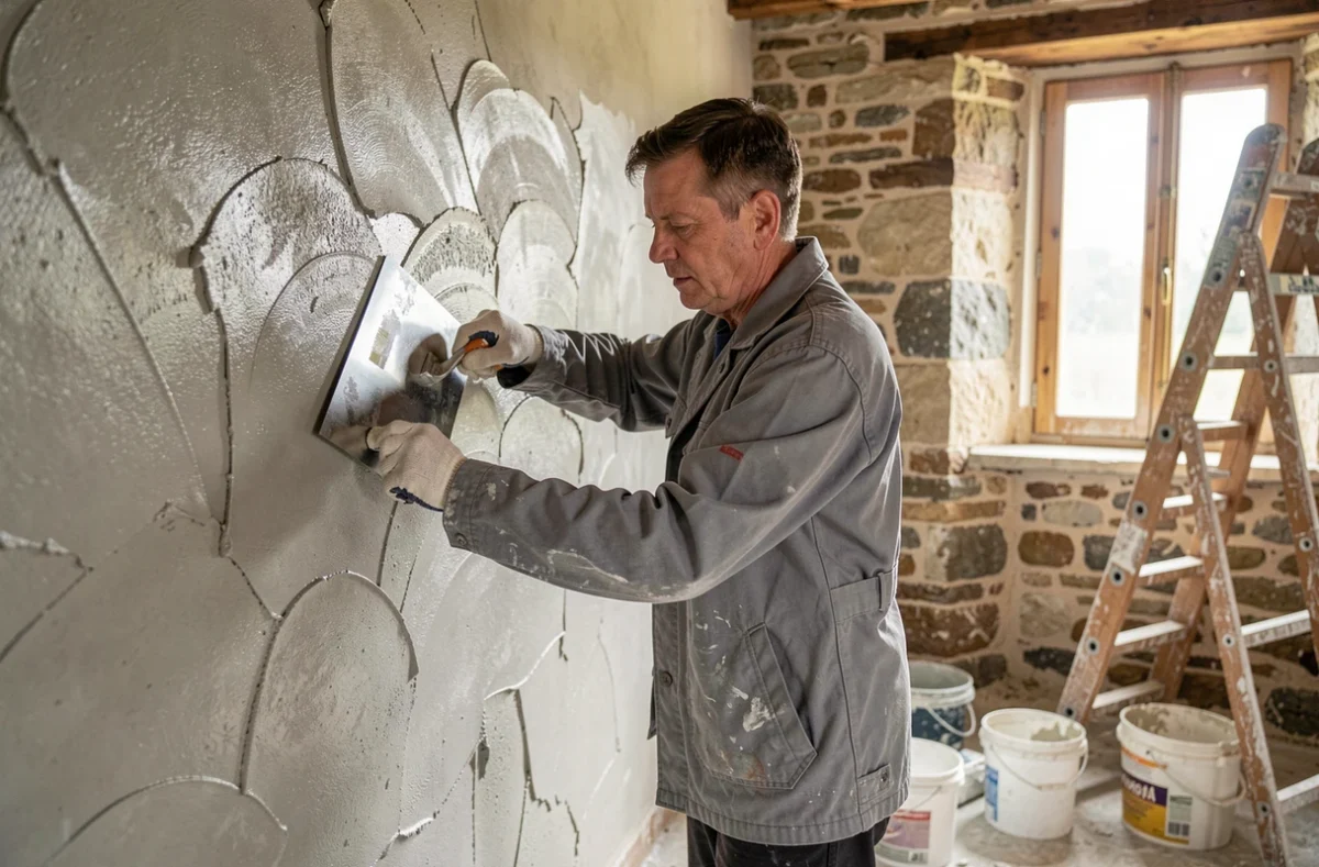 Artisan Maillard Franck appliquant du plâtre sur un mur en pierre en Mayenne