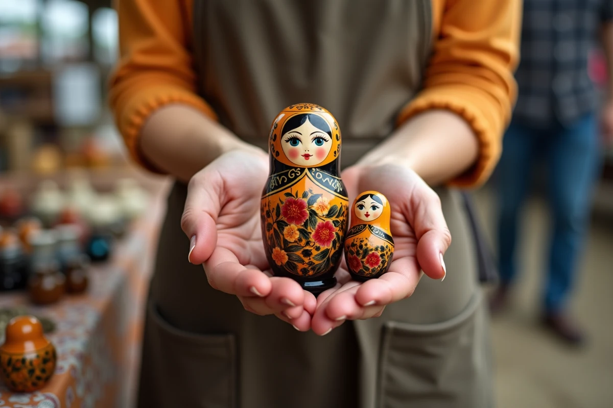 Femme tenant une poupée matriochka ouverte révélant une figurine imbriquée sur un marché aux puces vintage
