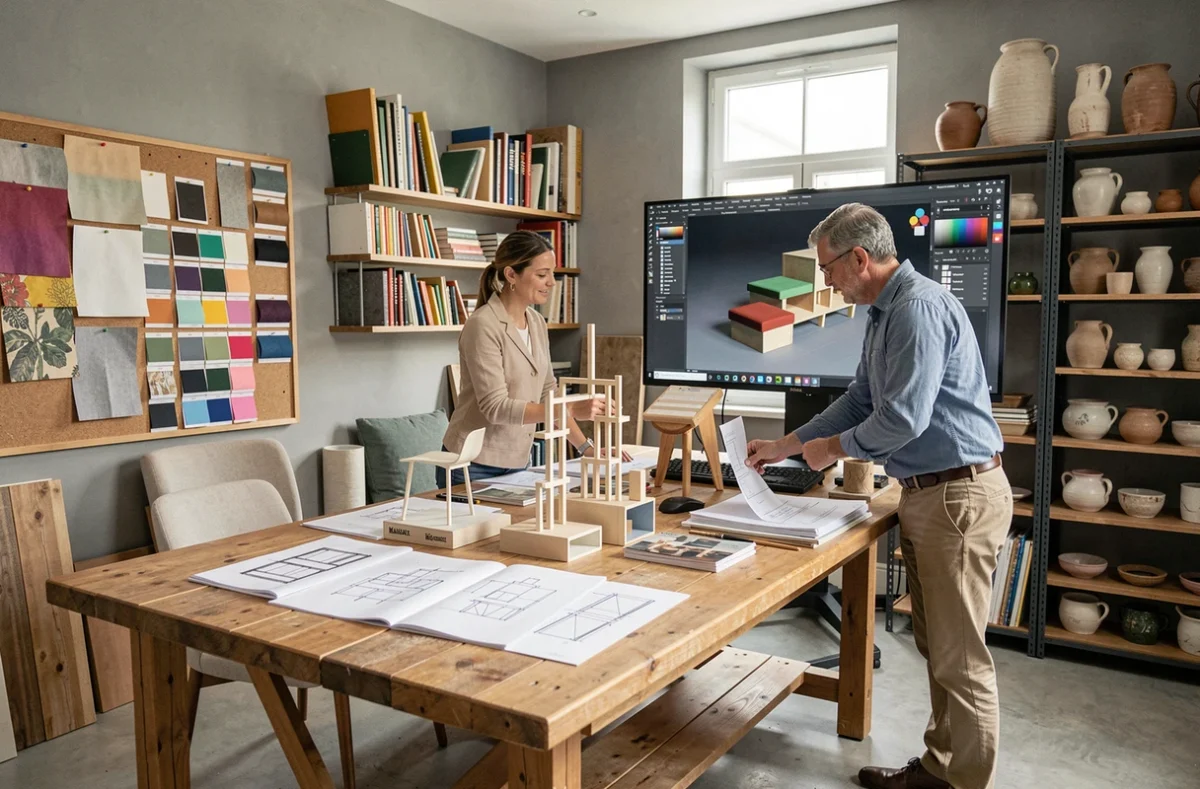 Studio Massilia Décoration à Marseille avec deux designers collaborant autour de plans et échantillons de matériaux