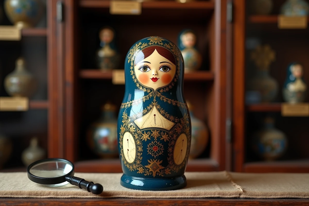 Poupée matriochka ancienne exposée sur une étagère en velours dans une boutique de collectionneurs spécialisée