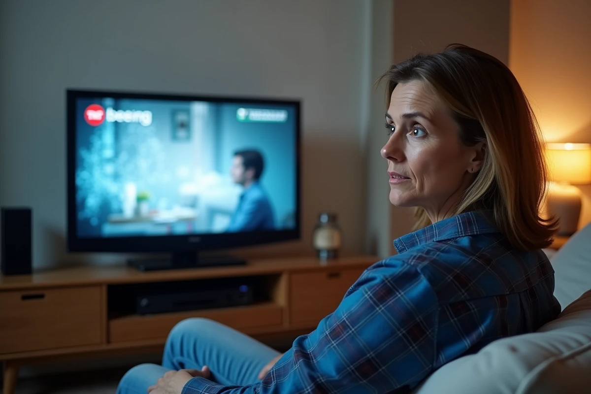 Femme devant une télévision avec mauvaise réception TNT et image pixelisée dans un salon
