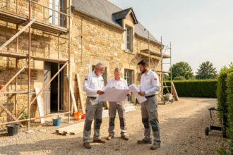 Équipe de rénovation professionnelle devant une maison en pierre en Mayenne