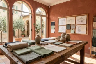 Atelier de décoration d'intérieur en Occitanie avec échantillons de matériaux, planches d'inspiration et mobilier contemporain sur fond de murs en pierre