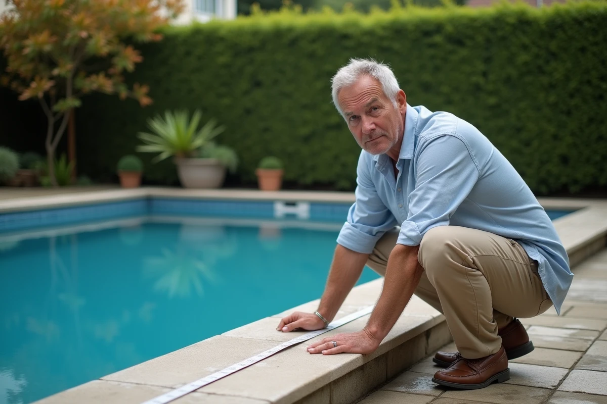 Propriétaire mesurant la largeur de sa piscine avec un mètre ruban pour vérifier le seuil d'imposition fiscal