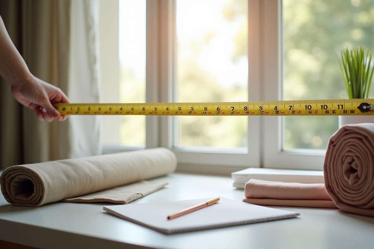Décorateur mesurant une fenêtre avec tissu et notes