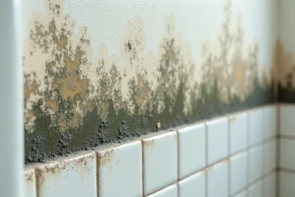 Moisissures noires sur un mur humide de salle de bain avec traces d'humidité et peinture décollée