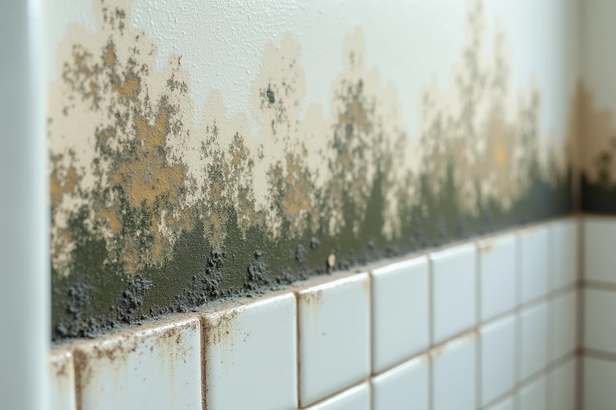 Moisissures noires sur un mur humide de salle de bain avec traces d'humidité et peinture décollée