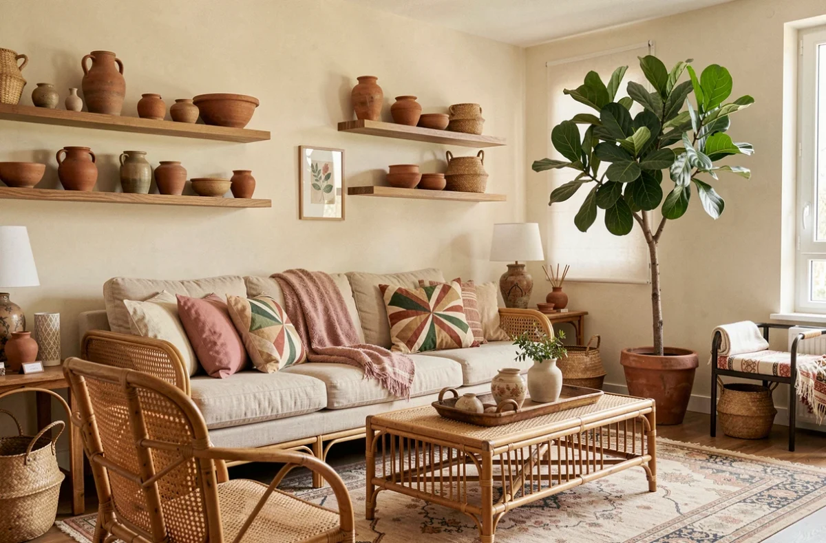 Salon contemporain décoré par Mona Market à Montpellier avec mobilier en rotin, céramiques artisanales et plante intérieure en pot de terre cuite