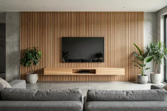 Mur TV avec panneau tasseau bois en chêne naturel dans un salon moderne minimaliste