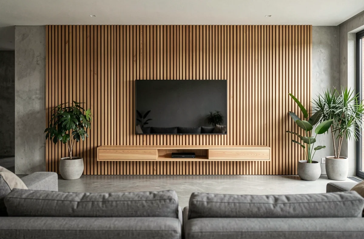 Mur TV avec panneau tasseau bois en chêne naturel dans un salon moderne minimaliste