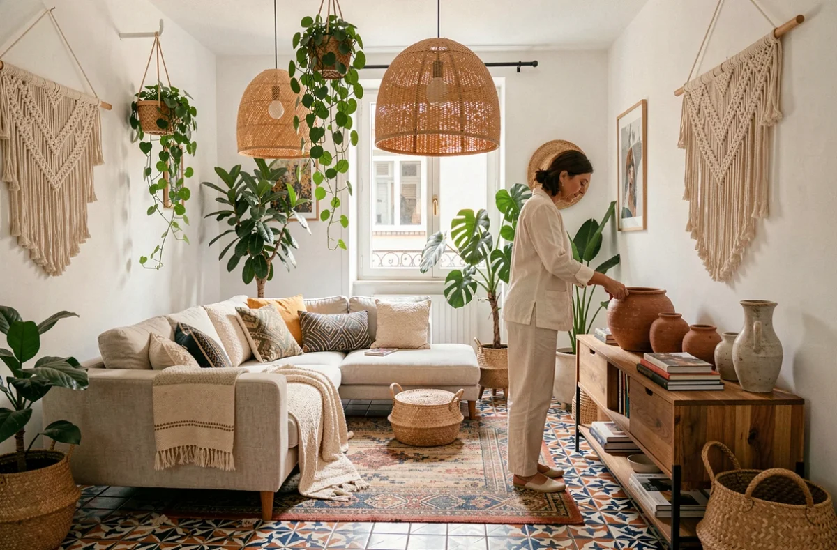 Nathalie Borowsky arrangeant une décoration bohème méditerranéenne dans une maison de ville à Marseille