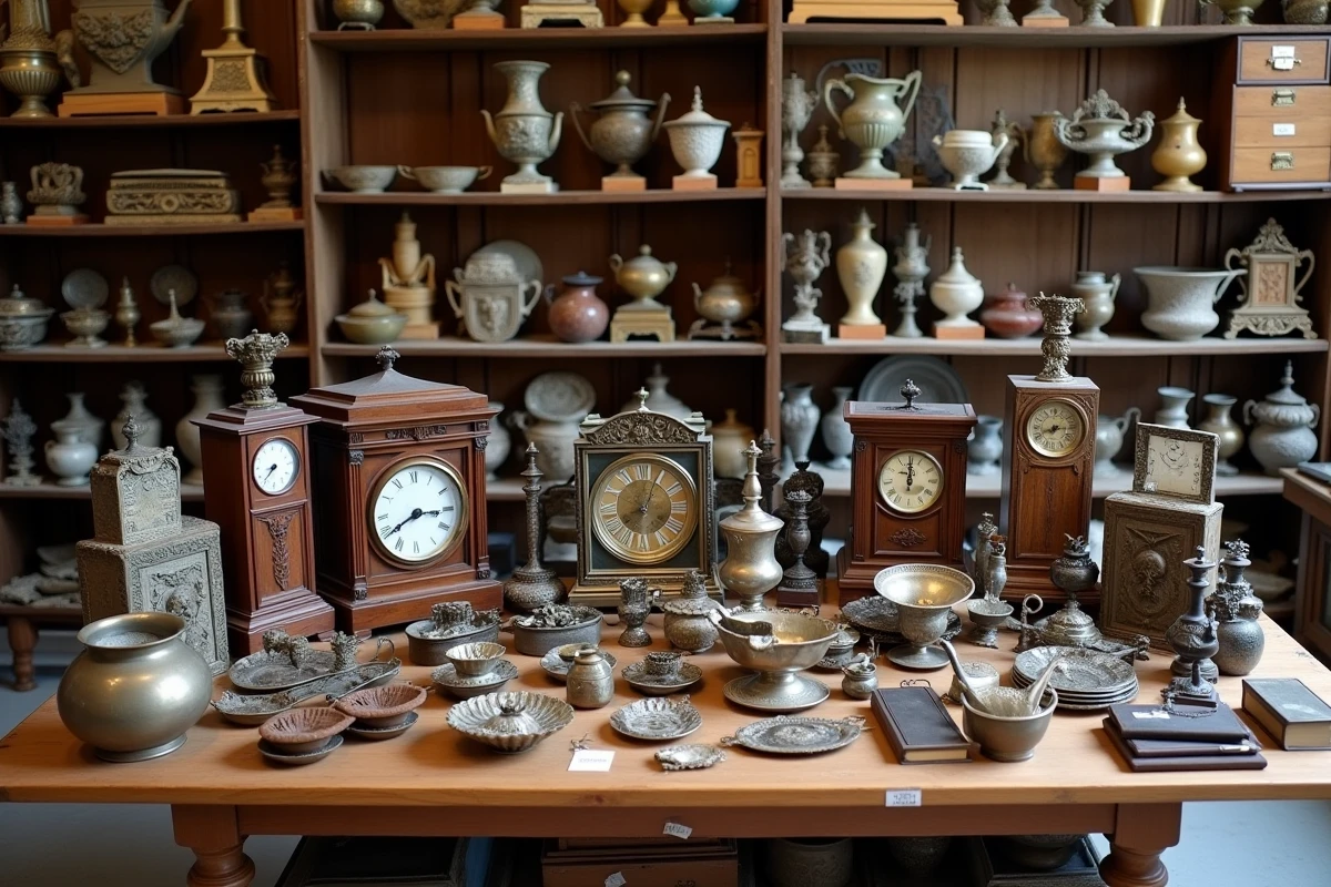 Collection d'objets de succession exposés dans une boutique antiquaire à Caen