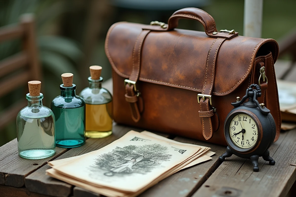 Collection d'objets vintage sur une table de brocante en plein air incluant flacons de parfum anciens et sac en cuir