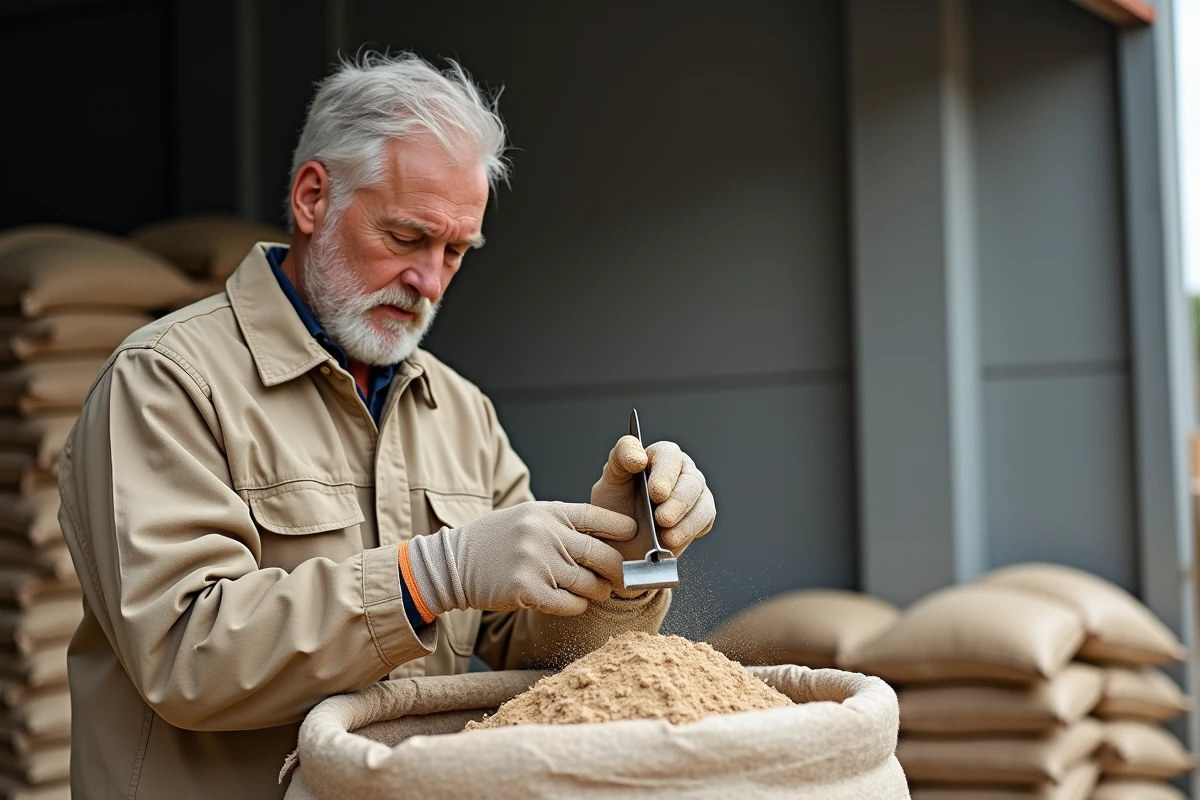 Ouvrier de chantier analysant la granulométrie du sable dans ses mains gantées dans un dépôt de matériaux de construction