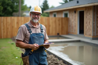 Ouvrier en overalls souriant à côté du béton frais