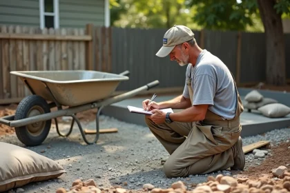 Ouvrier en vêtements de chantier dans un jardin en construction
