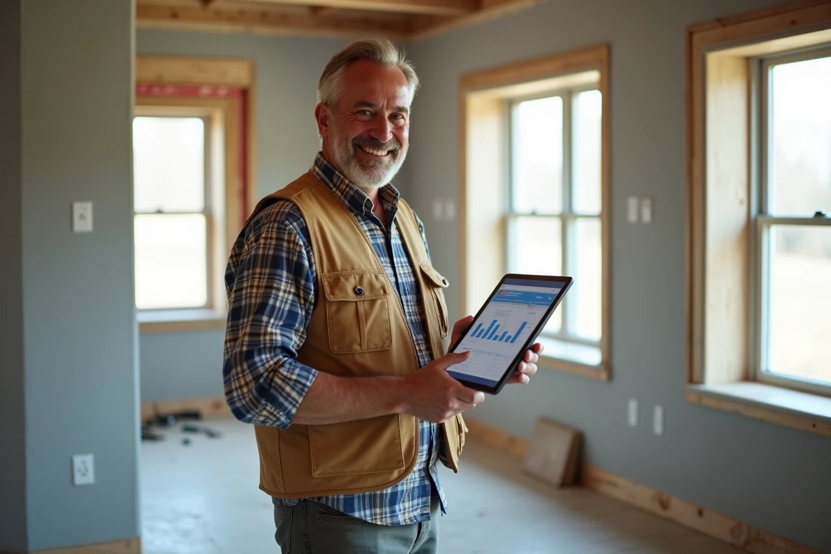 Ouvrier vérifiant un logiciel de budget rénovation avec fenêtres neuves