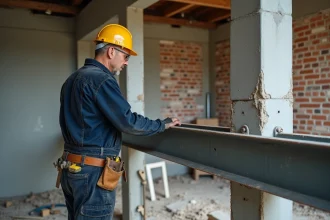 Ouvrier inspectant un IPN métallique installé dans une ouverture de mur porteur lors d'une rénovation résidentielle
