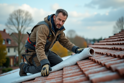 Ouvrier couvreur isolant un toit résidentiel en automne