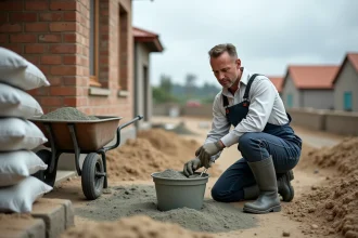 Ouvrier en tenue de chantier mesurant du béton sur un site