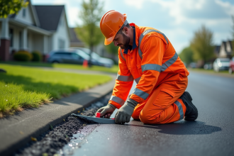 Ouvrier en vêtements orange inspectant l'asphalte fraîchement posé