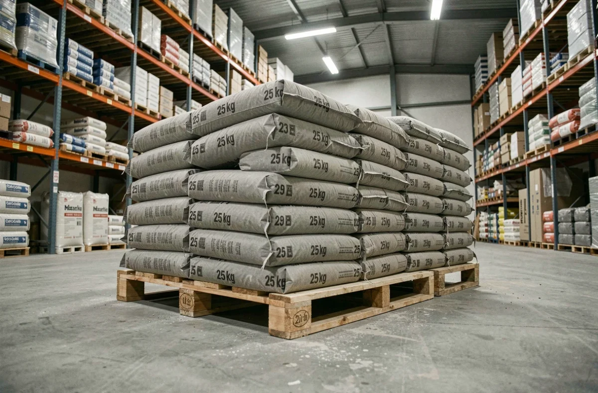 Palette complète de sacs de ciment 25 kg stockée dans un entrepôt de matériaux de construction