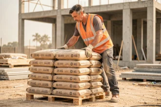 Ouvrier empilant des sacs de ciment de 25 kg sur une palette bois sur un chantier de construction