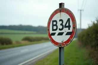 Panneau B34 fin d'interdiction de dépasser en bord de route rurale française avec champs verts en arrière-plan