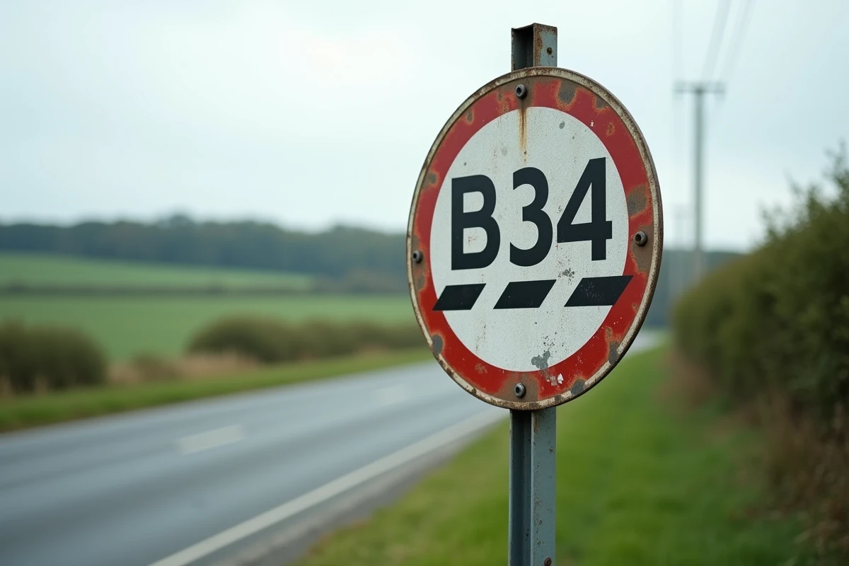 Panneau B34 fin d'interdiction de dépasser en bord de route rurale française avec champs verts en arrière-plan