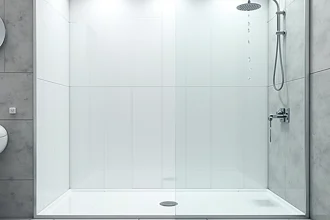 Panneaux PVC blancs installés dans une zone de douche moderne avec raccords visibles et gouttes d'eau sur la surface lisse