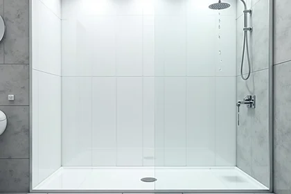 Panneaux PVC blancs installés dans une zone de douche moderne avec raccords visibles et gouttes d'eau sur la surface lisse