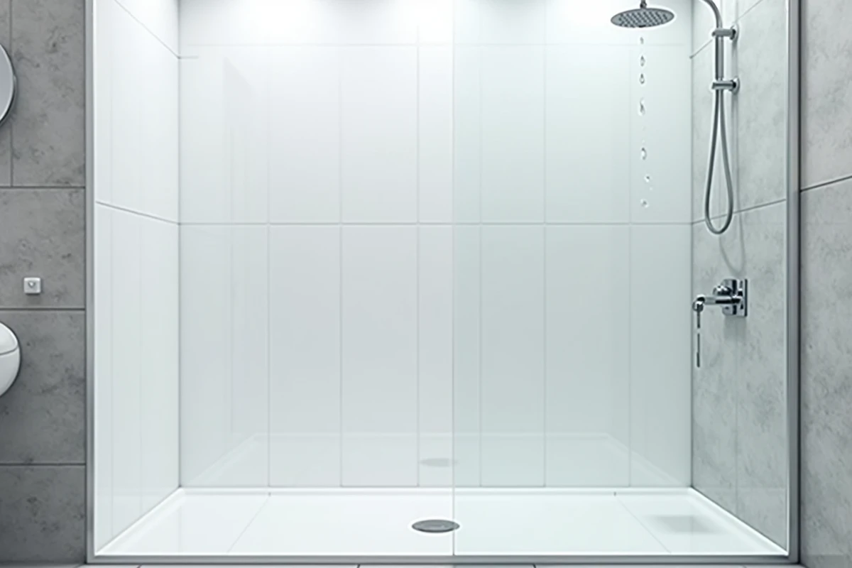 Panneaux PVC blancs installés dans une zone de douche moderne avec raccords visibles et gouttes d'eau sur la surface lisse