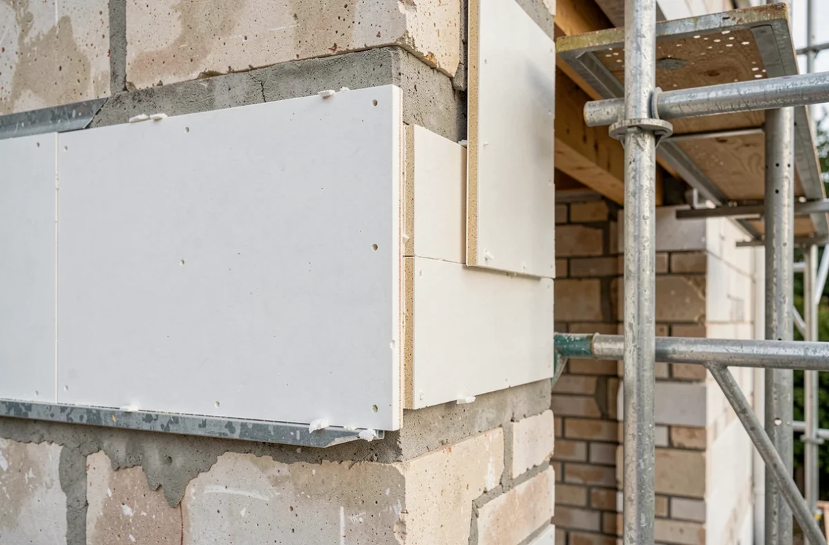 Panneaux d'isolant posés sur le mur extérieur d'une maison