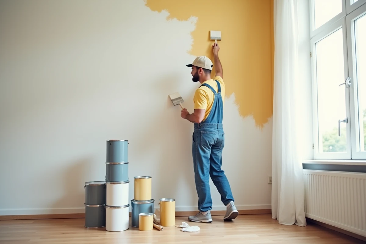 Peintre moyen-age appliquant de la peinture sur un mur intérieur