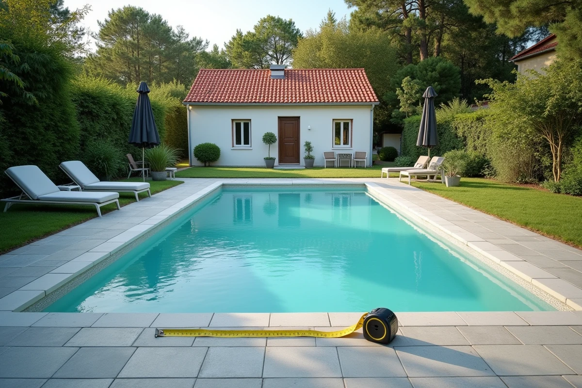 Piscine rectangulaire dans un jardin pavillonnaire français avec maison en arrière-plan, illustrant les dimensions soumises à déclaration fiscale