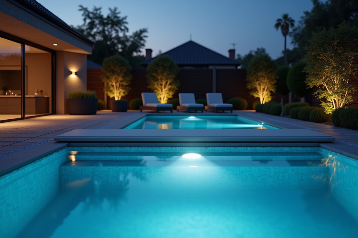 Piscine moderne au crépuscule avec éclairage doux et mobilier