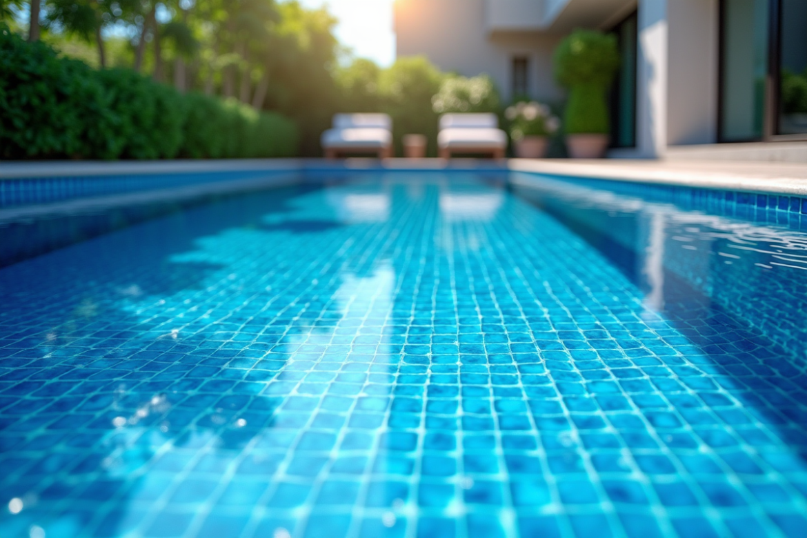 Piscine moderne avec mosaïque bleue éclatante et eau cristalline
