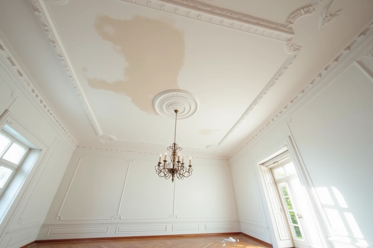 Vue en contre-plongée d'un plafond haussmannien avec une fissure réparée et enduite, prête à peindre, entourée de moulures décoratives